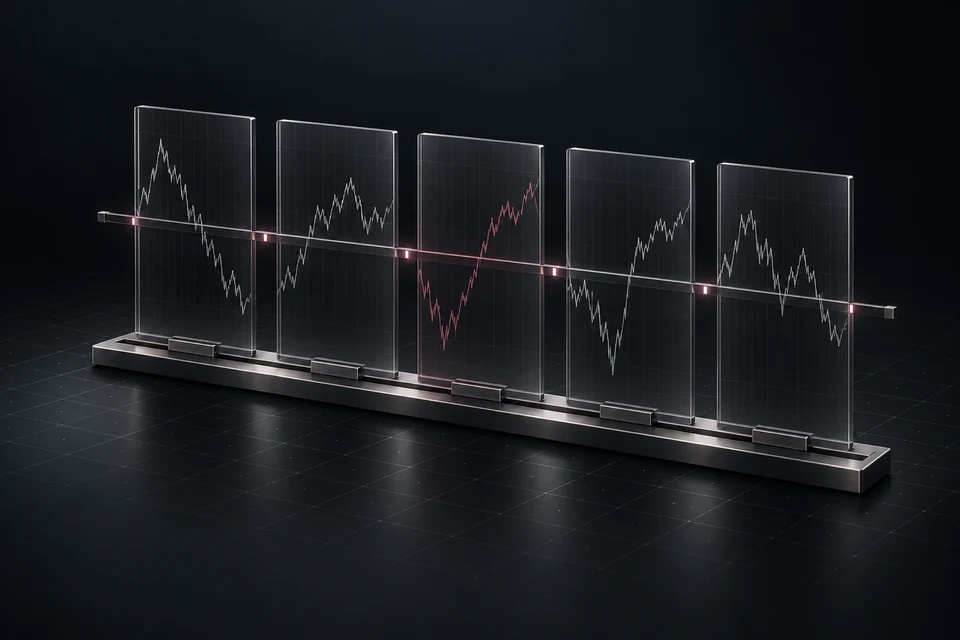 Layered glass panels show varied historical paths and drawdowns being compared by a scanning rail.