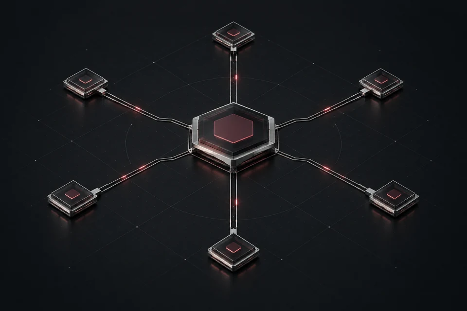 Six exchange connection ports route through one central control hub.