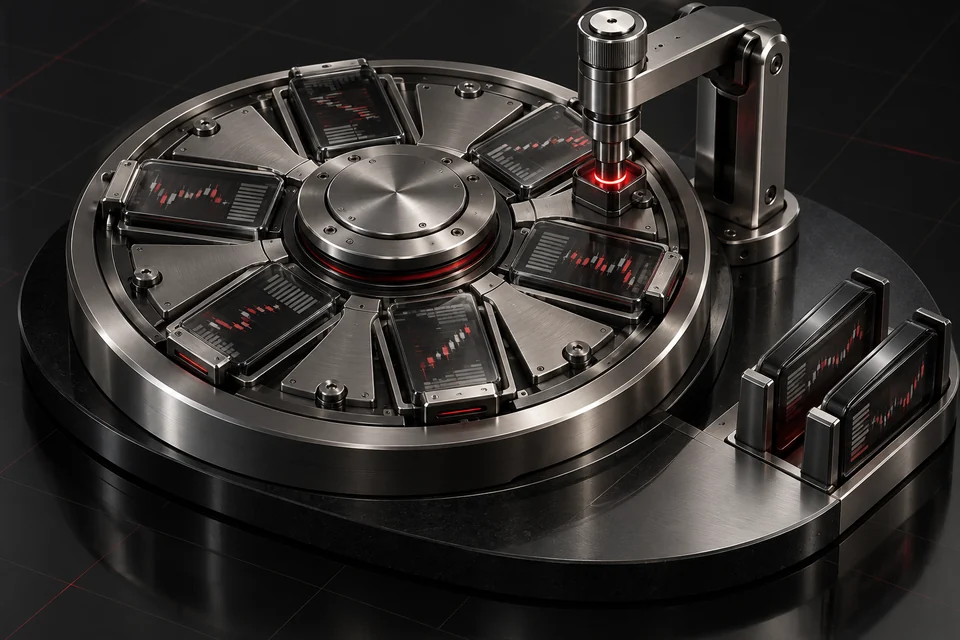 A titanium order sequencer moves market-data cartridges through a precision actuator into a completed-order queue.
