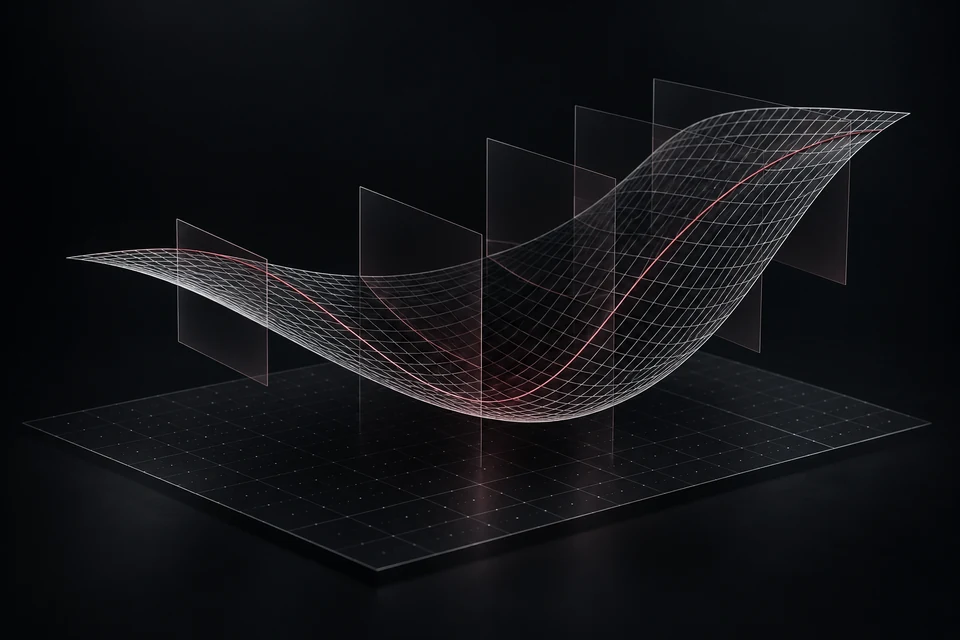 A silver mathematical surface with a burgundy cross-section visualizes the shape of options exposure.