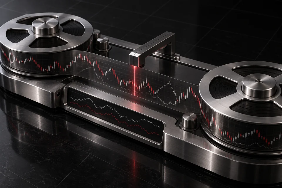 A market-history ribbon unwinds between silver replay spools beneath a scanner, with comparison traces on the base.