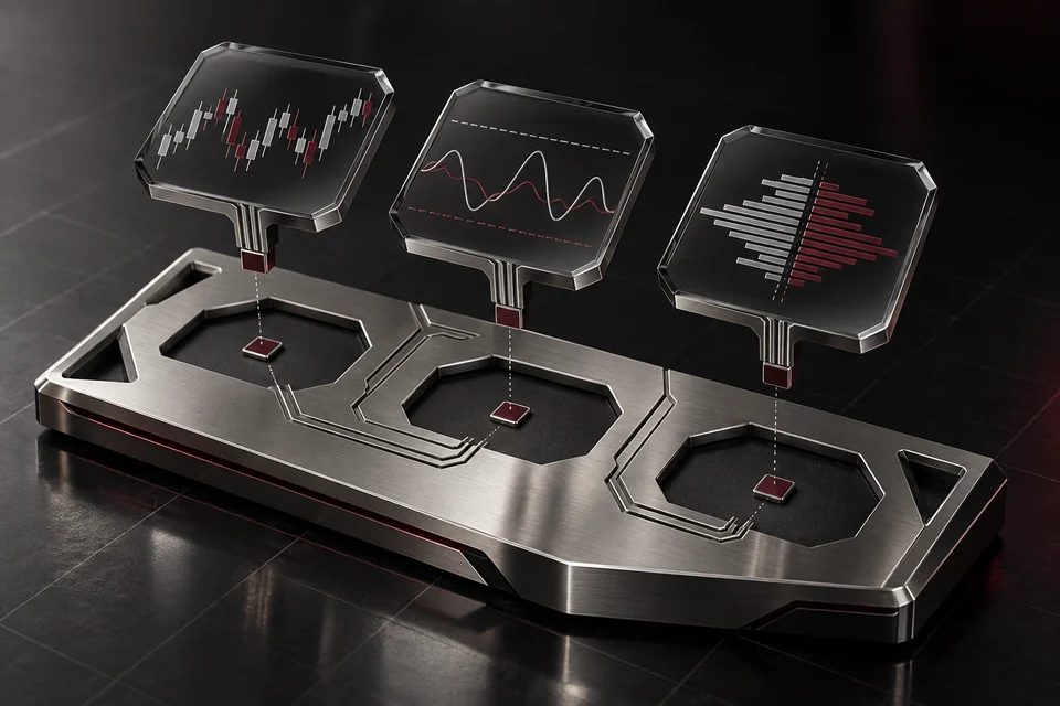 Candlestick, oscillator, and orderbook rule tiles fit into a configurable titanium strategy backplane.