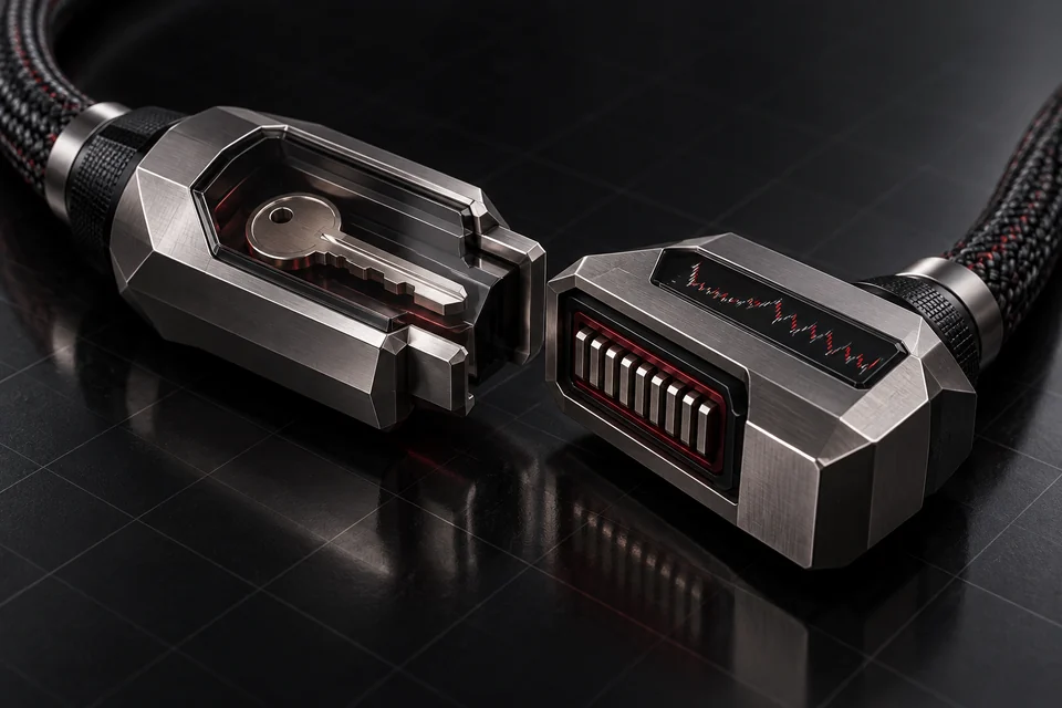 Two interlocking titanium data connectors pair an API permission key with an exchange market-data connection.