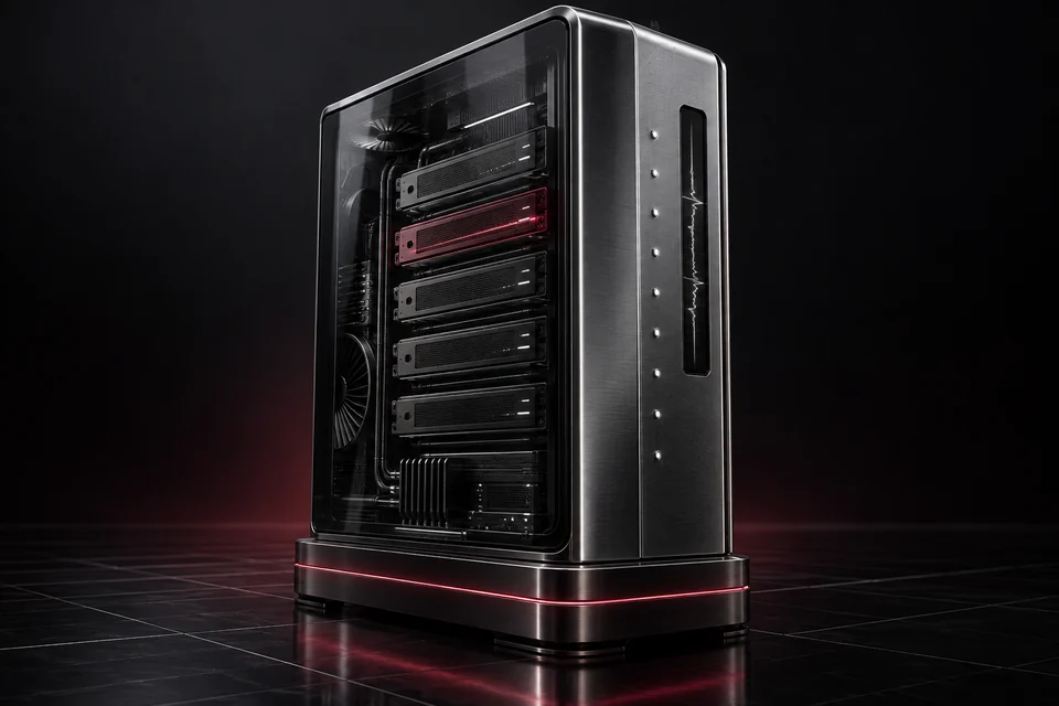 An active strategy blade runs inside a titanium server tower with status lights and a live telemetry trace.